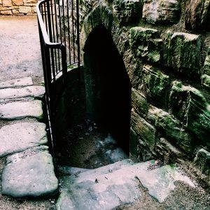 Going down into the cellars, Finchale Priory (filtered)