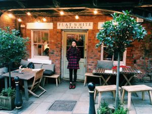 Adelaide outside Flat White, Durham UK