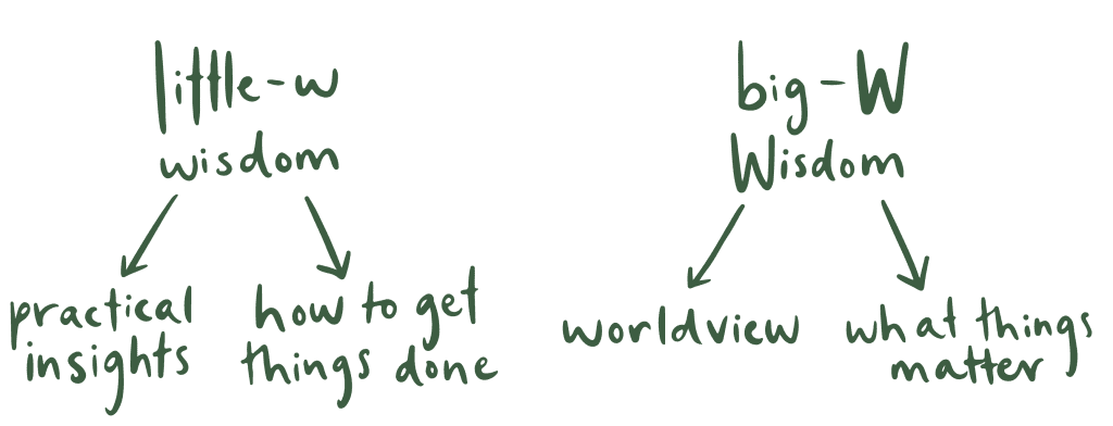 Big-W wisdom (worldview, what things matter) versus little-W wisdom (practical insights, how to get things done)