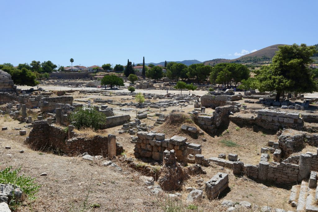 An overview of the marketplace in ancient Corinth, seen from the North ruins