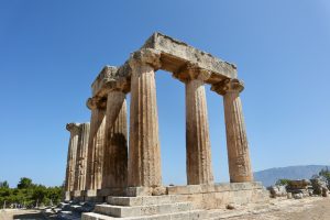 Ancient Corinth, North ruins. The Temple of Apollo, restored by the Romans in 44 BC