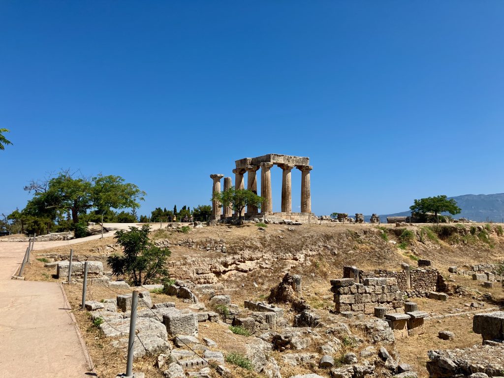 Ancient Corinth, North ruins. The Temple of Apollo, restored by the Romans in 44 BC