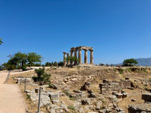 Ancient Corinth, North ruins. The Temple of Apollo, restored by the Romans in 44 BC