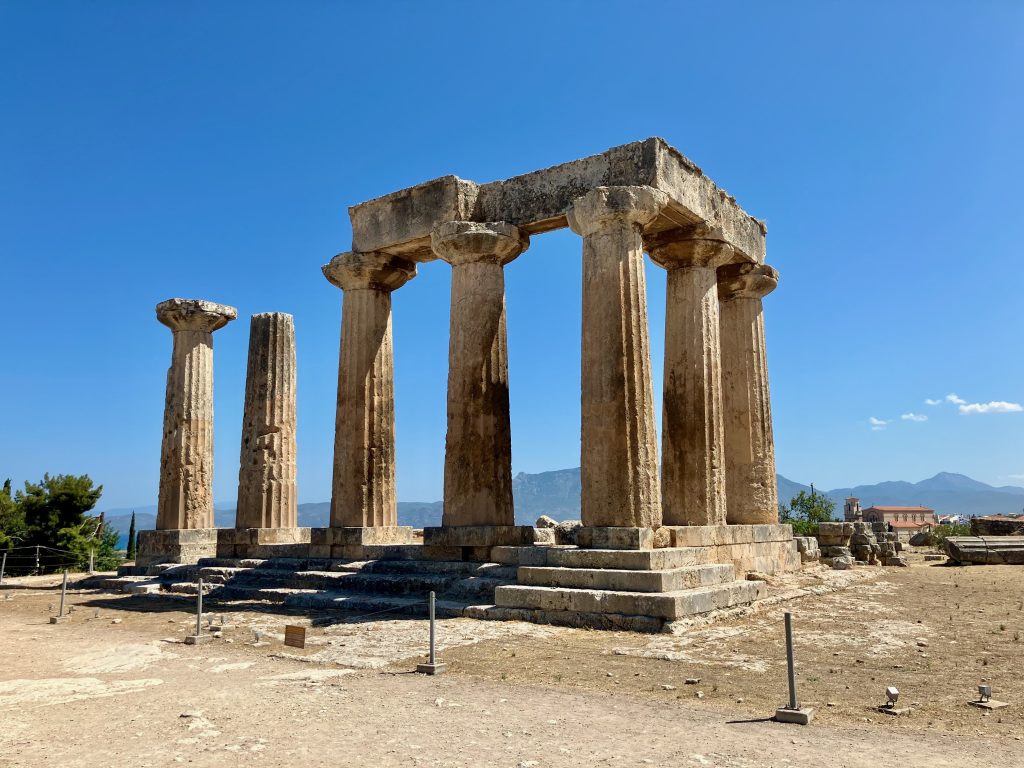Ancient Corinth, North ruins. The Temple of Apollo, restored by the Romans in 44 BC
