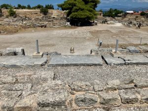 Looking down from the bēma or raised platform in the centre of the Roman marketplace of ancient Corinth